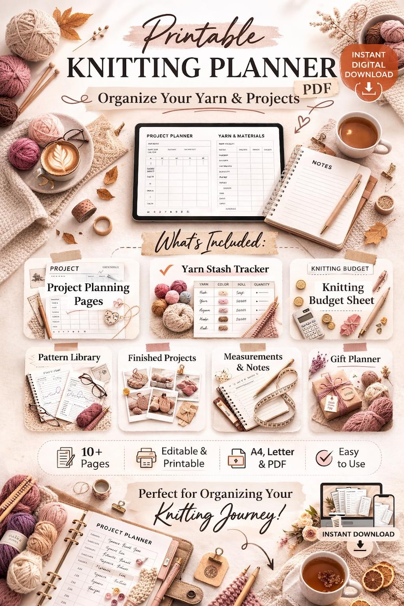 Knitting Journal Printable PDF, Yarn Stash Tracker & Project Organizer ...