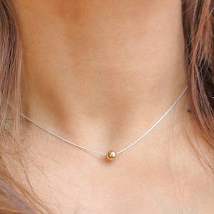Silver and Gold Necklace, 14k Goldfill Bead Ball in Sterling Silver Chain, Two Tone Layering Necklace Gift for Her
