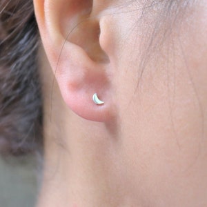 Tiny Silver Moon Stud Earrings, Sterling Silver Minimalist Earrings image 1