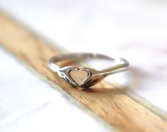 Silver Hands Heart Ring, Oxidized 925 Silver Heart Ring, Unique Handmade Gift Idea for Her