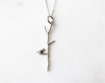 Bird on a twig sterling silver necklace | Unique everyday necklace | Minimalist and trendy necklace gift idea for her