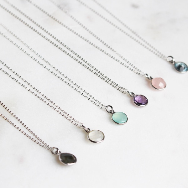 Round Natural Gemstone Pendant Necklace in Sterling Silver, Dainty Layering Birthstone Necklace Gift for Her