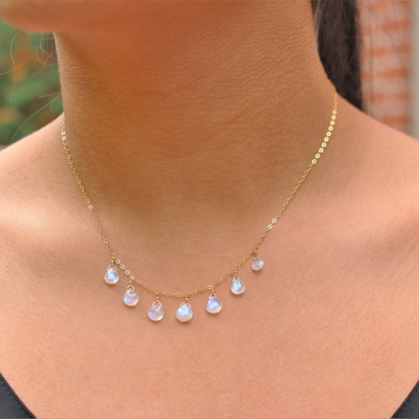 Moonstone Drop Necklace or Choker, 14k Goldfill Dainty Moonstone Necklace, Moonstone Crystal Necklace Gift for Her