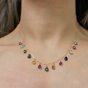Tourmaline necklace in 14k gold fill Natural gemstone Bohemian layering choker/necklace, gift for her 18 inches