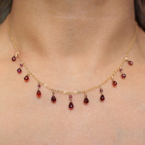 Garnet Drop Necklace in 14k Goldfill | Delicate Bohemian or Victorian Gemstone Necklace Gift for Her