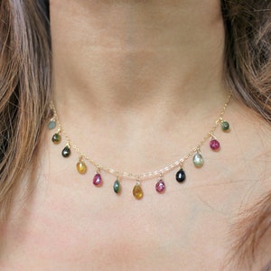 Tourmaline necklace in 14k gold fill Natural gemstone Bohemian layering choker/necklace, gift for her 16 inches