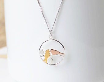 TEMPORARILY Sold Out - Silver and Gold Love birds pendant necklace, 18k yellow and pink gold plated birds pendant, Unique gift idea for her