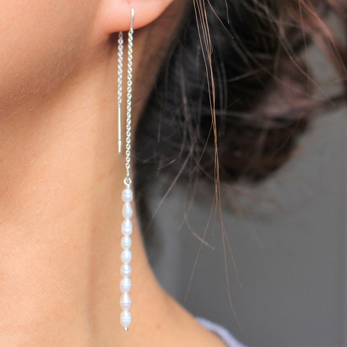Pearl Threader Earrings Long Pearl Earrings Silver Chain Etsy