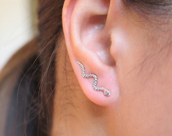 May include: A silver-colored snake-shaped earring with a textured surface. The earring is worn on the ear and has a curved design. The earring is a unique piece of jewelry.