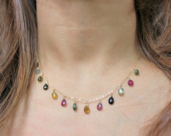 Tourmaline necklace in 14k gold fill - Natural gemstone Bohemian layering choker/necklace, gift for her