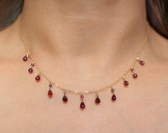 Dainty Garnet Necklace, 14k Gold Filled Gemstone Bohemian Jewelry