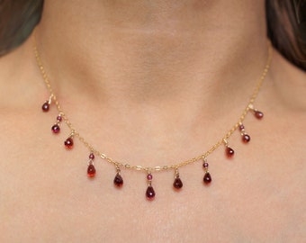 Garnet Drop Necklace in 14k Goldfill | Delicate Bohemian or Victorian Gemstone Necklace Gift for Her