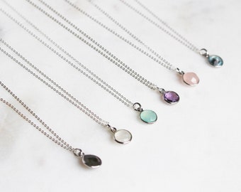 Round Natural Gemstone Pendant Necklace in Sterling Silver, Dainty Layering Birthstone Necklace Gift for Her