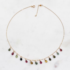 Tourmaline necklace in 14k gold fill Natural gemstone Bohemian layering choker/necklace, gift for her 16 with ext to 18 inches