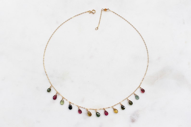 Tourmaline necklace in 14k gold fill Natural gemstone Bohemian layering choker/necklace, gift for her 16 with ext to 18 inches