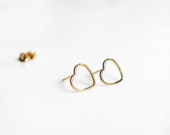 Gold heart earrings, 14k gold filled heart studs, Minimalist earrings for her