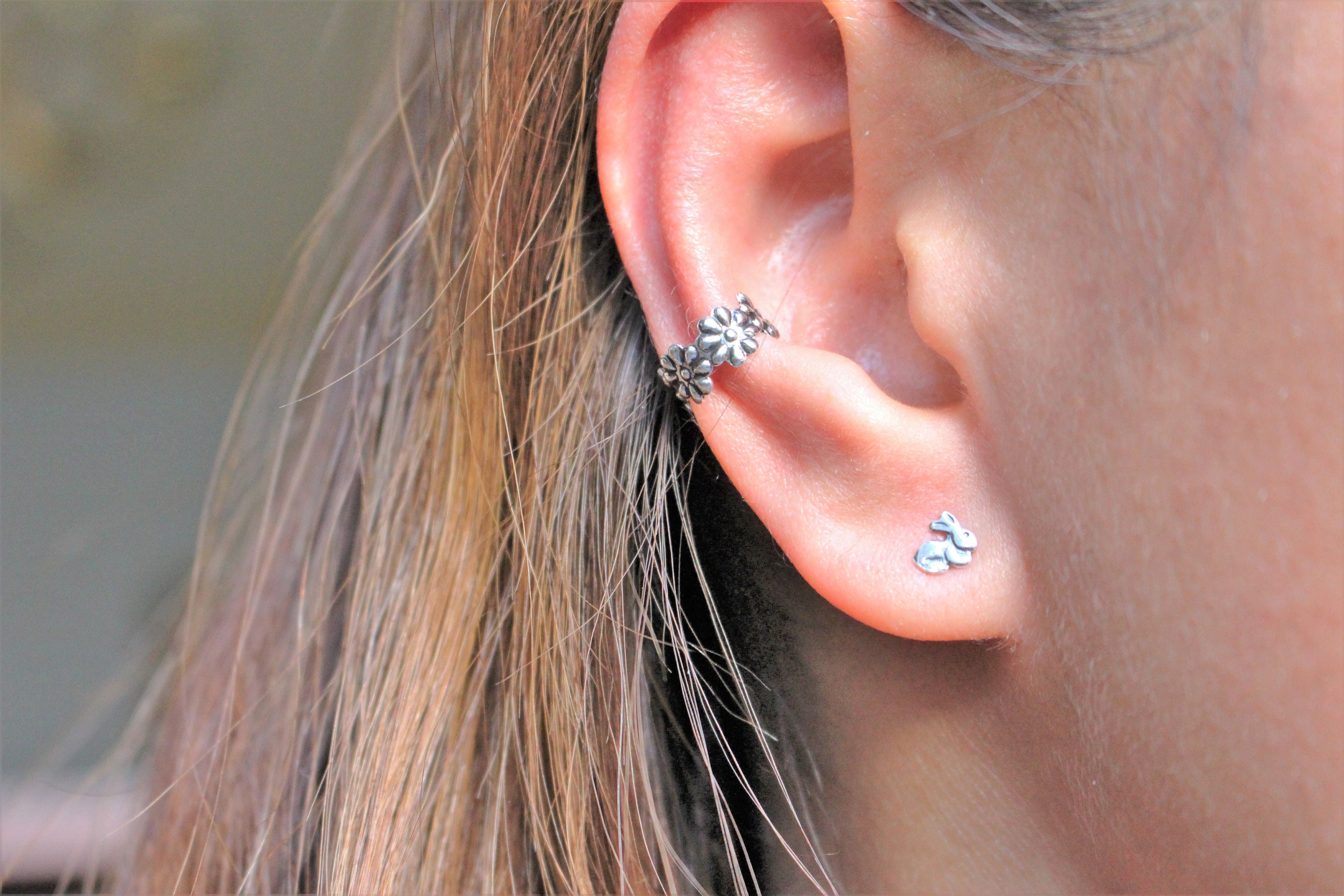 Oxidized Daisy Ear Cuff Non Pierced Earrings Sterling Etsy