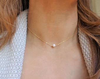 Dainty Pearl Necklace, 14k Goldfill Pearl Choker, Trendy Layering Everyday Necklace, Custom Gift for Her