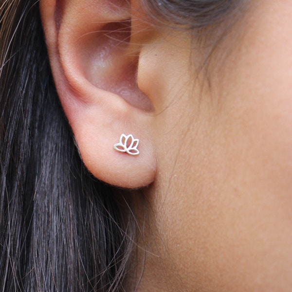Lotus Sterling Silver Stud Earrings | Dainty Minimalist Everyday Earrings | 925 Silver Earrings Gift for Her