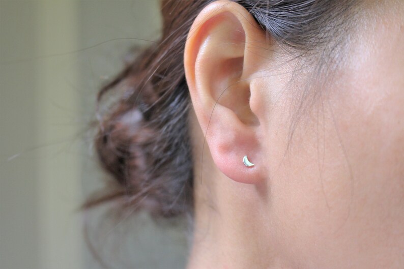 Tiny Silver Moon Stud Earrings, Sterling Silver Minimalist Earrings image 1