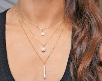 Dainty Layering Freshwater Pearl Chain Necklace in 14k Goldfilled, Simple Delicate Everyday Necklace