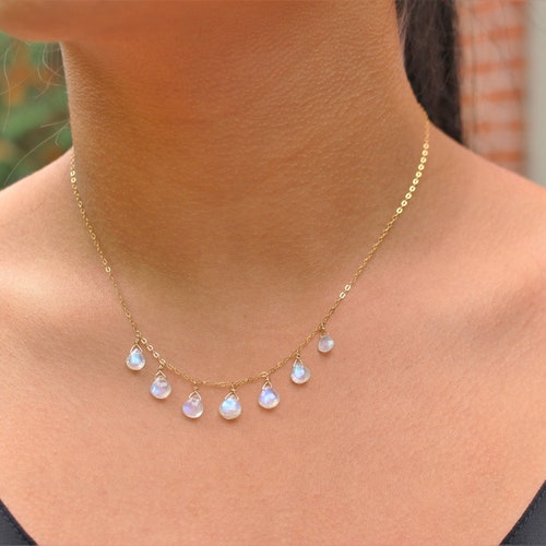 14k Goldfill Mondstein Tropfen Kette: Zierliche Perlen Kette