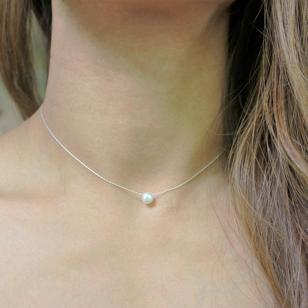 Freshwater pearl choker or necklace, Dainty delicate sterling silver layering necklace gift for her