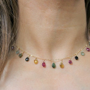 Tourmaline necklace in 14k gold fill Natural gemstone Bohemian layering choker/necklace, gift for her 15 inches