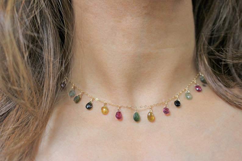 Tourmaline necklace in 14k gold fill Natural gemstone Bohemian layering choker/necklace, gift for her 15 inches