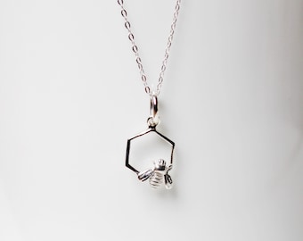 Sterling Silver Bee Necklace: Honeycomb Pendant, Minimalist Jewelry