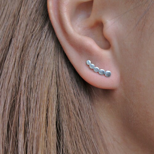 Tiny Circle Earpins in Sterling Silver, Trendy Ear Climber, Minimalist, Everyday Earrings