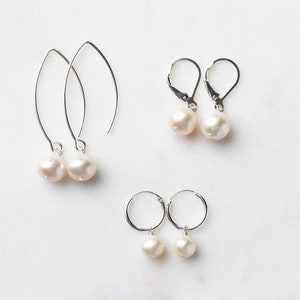 Dangling Freshwater Pearl Earrings in Sterling Silver, Dainty Minimalist Classic Earrings