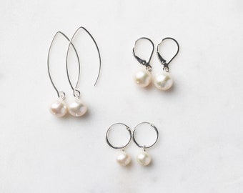Dangling Freshwater Pearl Earrings in Sterling Silver, Dainty Minimalist Classic Earrings