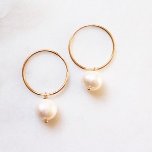 Freshwater Pearl Hoops, 14k Goldfill Pearl Hoop Earrings, Natural Pearl Earrings, Bridal Pearl Earrings