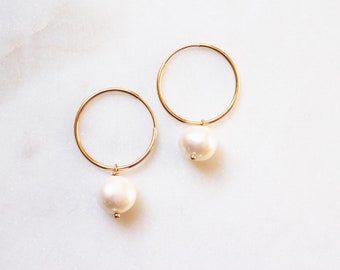 Freshwater Pearl Hoops, 14k Goldfill Pearl Hoop Earrings, Natural Pearl Earrings, Bridal Pearl Earrings