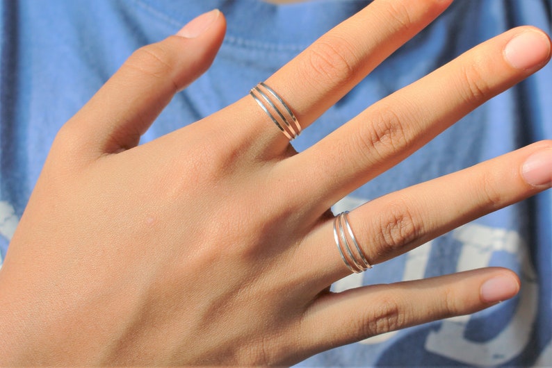 Sterling Silver Layered Ring Triple Band Stackable Ring 925 Trendy Midriff or Pinkie Everyday Ring image 4