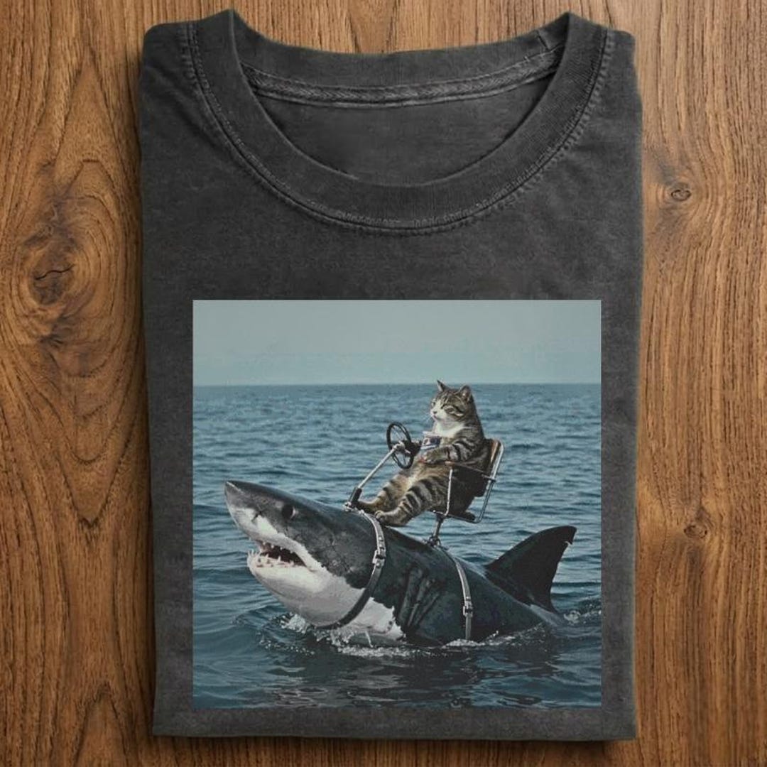Funny Cat Riding Shark Shirt, Meme Cat Graphic Tee, Crazy Ocean Cat ...