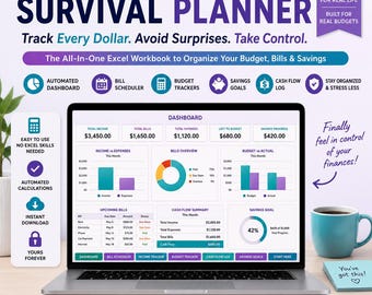 Paycheck to Paycheck Survival Workbook | Track Bills, Income, Cash Flow & Savings | Excel Budget Spreadsheet