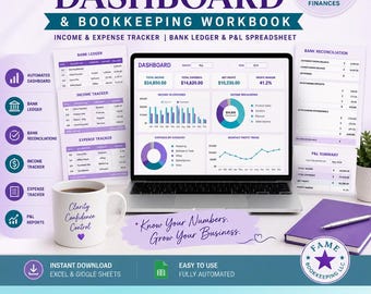 Small Business Financial Dashboard & Bookkeeping Workbook | Income / Expense Tracker | Bank Ledger and PnL Spreadsheet