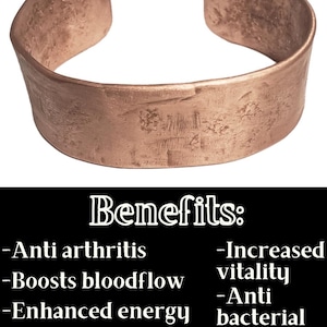 May include: A copper-colored cuff bracelet with a textured surface. The bracelet has rounded ends and a wide band. Text on a black background lists benefits including anti-arthritis and increased vitality.