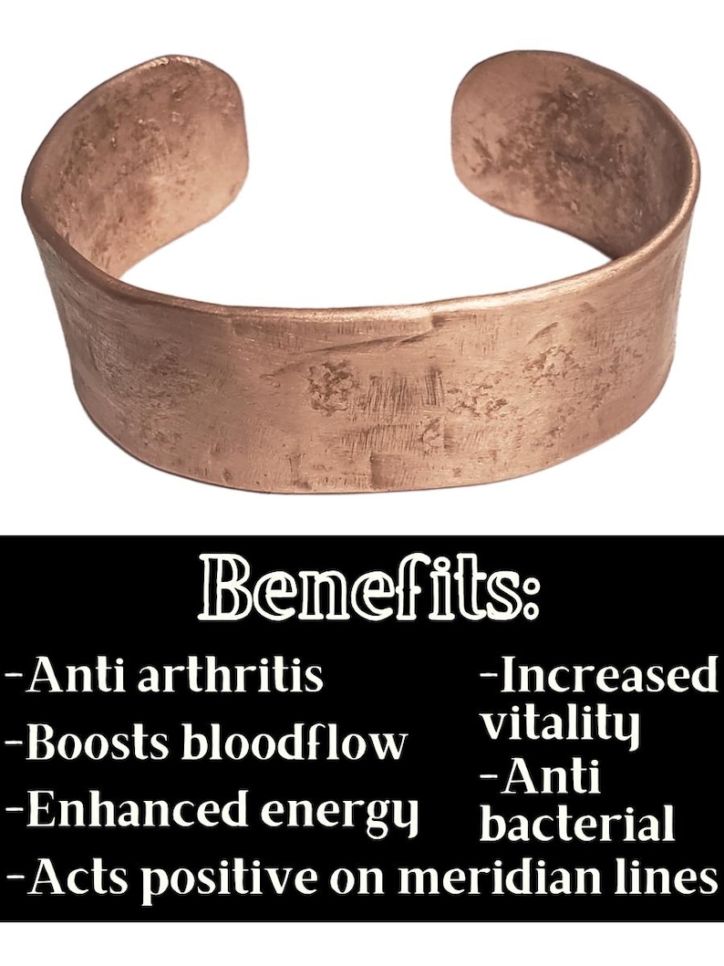 May include: A copper-colored cuff bracelet with a textured surface. The bracelet has rounded ends and a wide band. Text on a black background lists benefits including anti-arthritis and increased vitality.