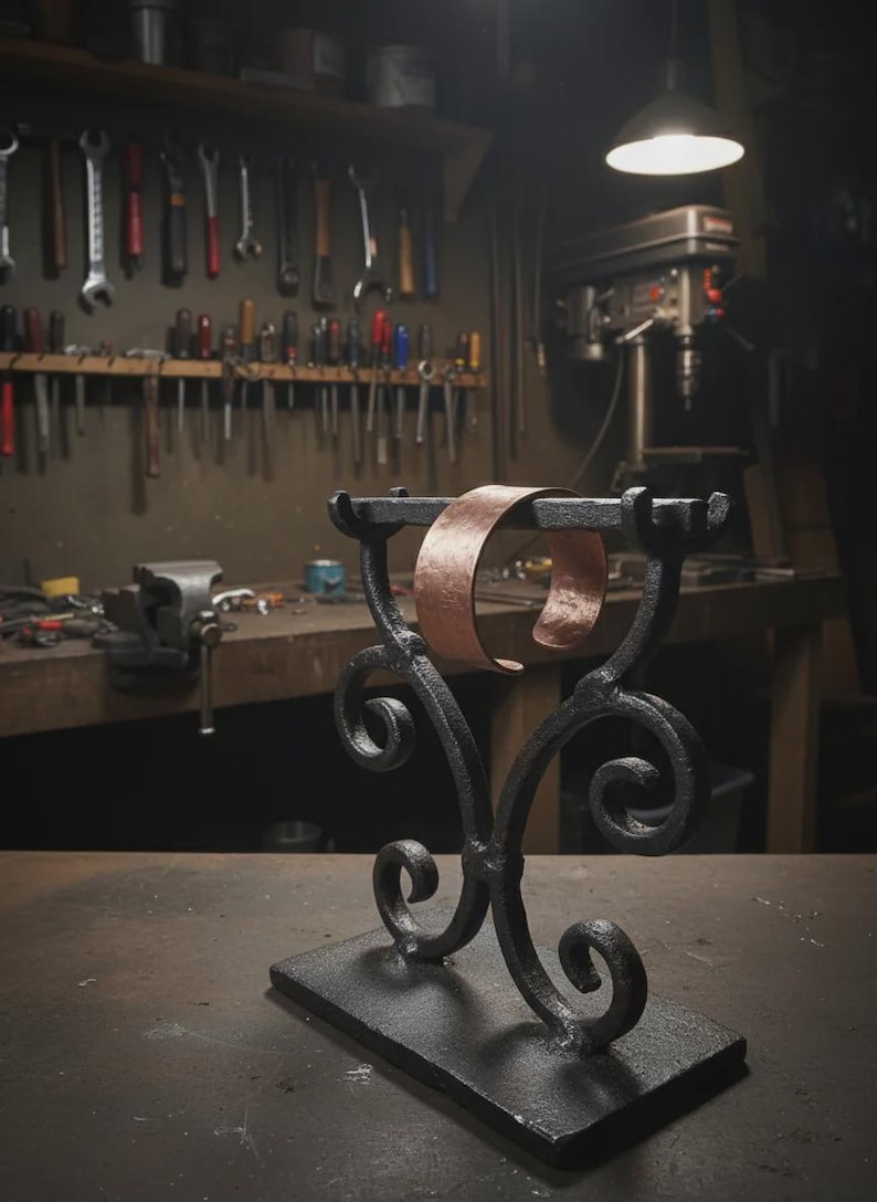 May include: A handcrafted, black metal bracelet display stand with a copper bracelet. The stand features decorative scrollwork and a rectangular base. The workshop background includes tools and equipment.