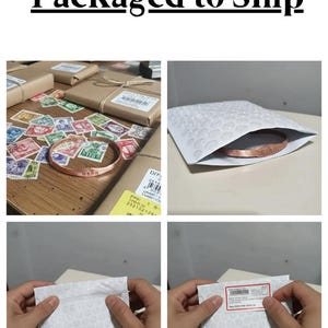 May include: The image shows the process of packaging an item for shipping. A copper bracelet is placed in a bubble mailer. The text "Packaged to Ship" is at the top. Other images show the bracelet on a table with stamps and wrapped packages.