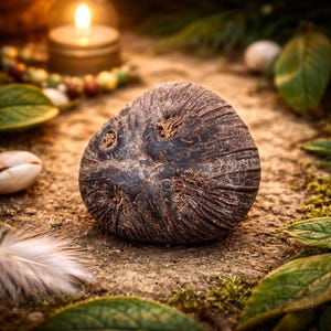 Può includere: Una pietra marrone scuro e strutturata con una superficie ruvida, possibilmente un oggetto decorativo o un manufatto naturale. La pietra è circondata da foglie verdi, una candela accesa e altri elementi naturali.