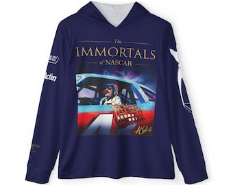 Sudadera con capucha con la portada del libro Immortals of NASCAR (azul) / Lista de leyendas de las carreras