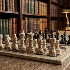 May include: A chess set with beige and black pieces arranged on a marble board. The board sits on a wooden table in front of a bookshelf filled with books. A gold lamp is visible.