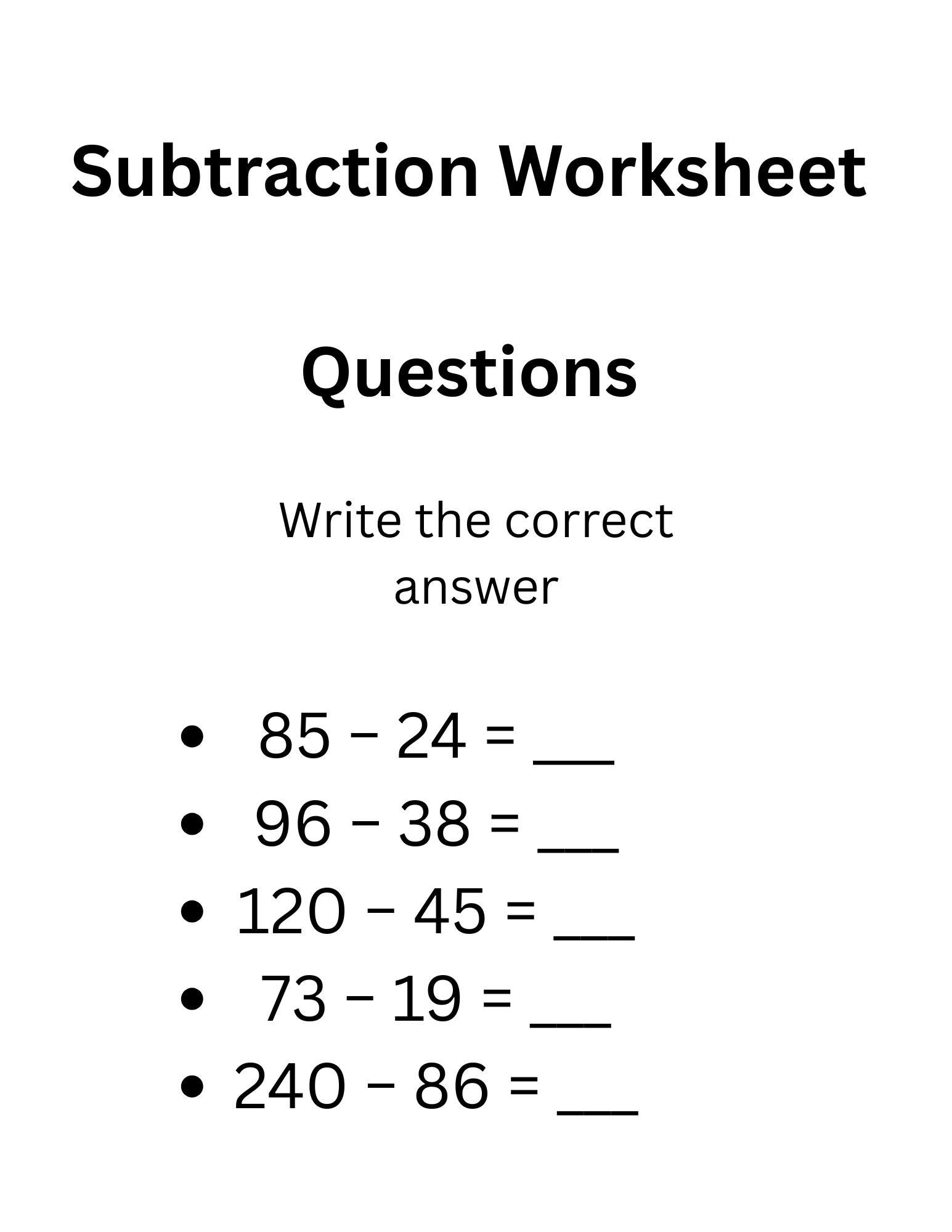 Subtraction Practice Worksheet Printable- Basic Math Subtraction ...