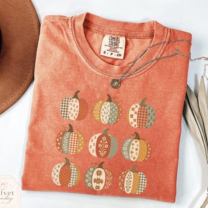 May include: A terracotta-coloured t-shirt featuring a graphic print of nine pumpkins, each decorated with different patterns including gingham, floral, and polka dots. The shirt has a crew neckline and a Comfort Colors brand label at the inner collar.
