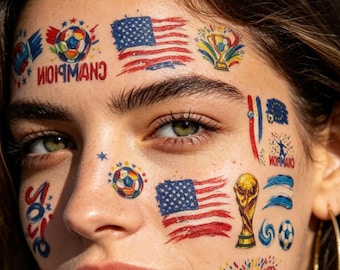 Tatuajes temporales de fútbol del Mundial pintados a mano, pegatinas faciales estilo pintura al óleo (10 hojas)