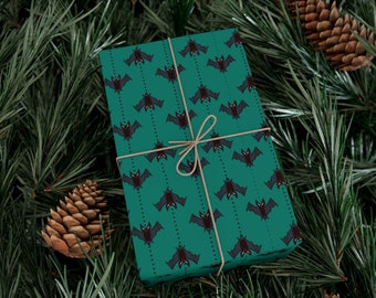 Pinstripe Bat - Teal Green Goth Christmas Gift Wrap Wrapping Paper